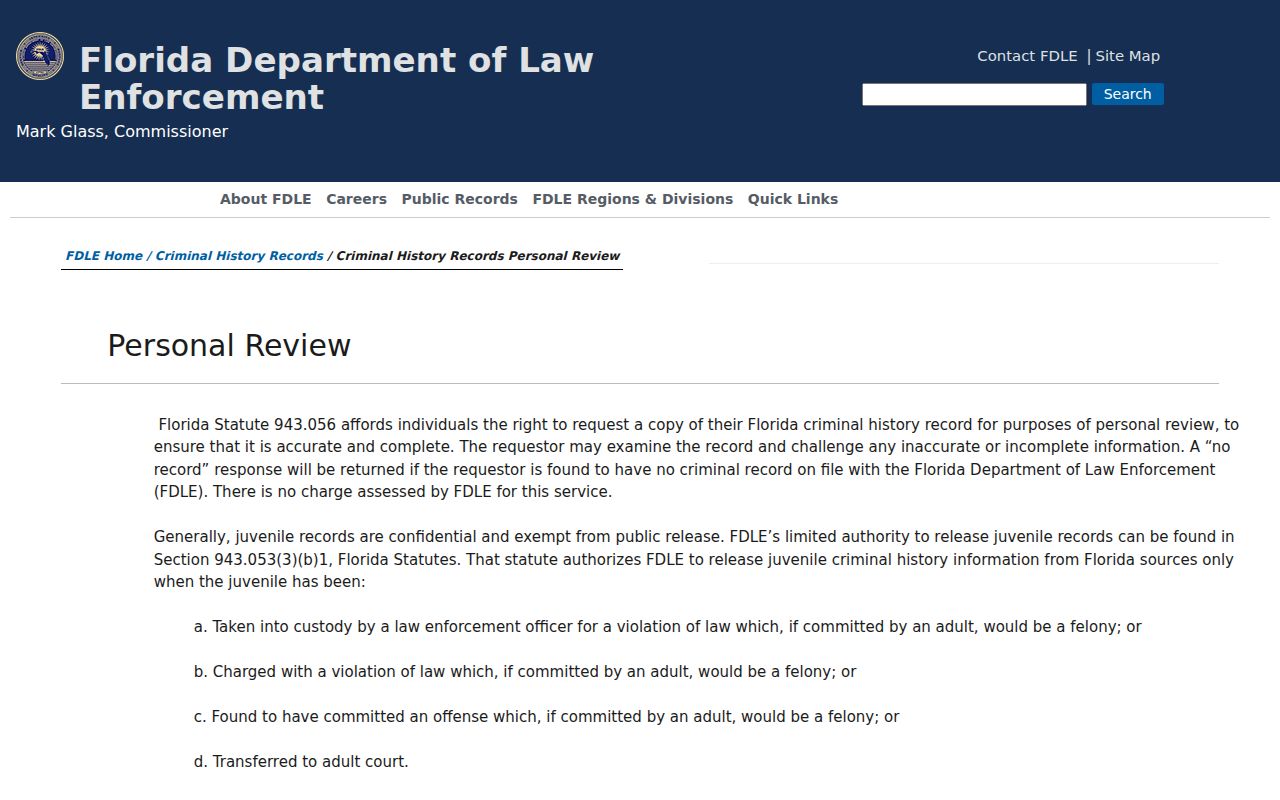 FDLE personal criminal history review and correction instructions