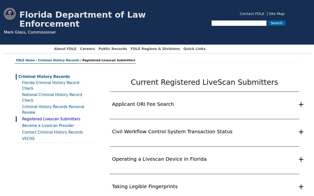 FDLE list of approved Florida Livescan fingerprint providers