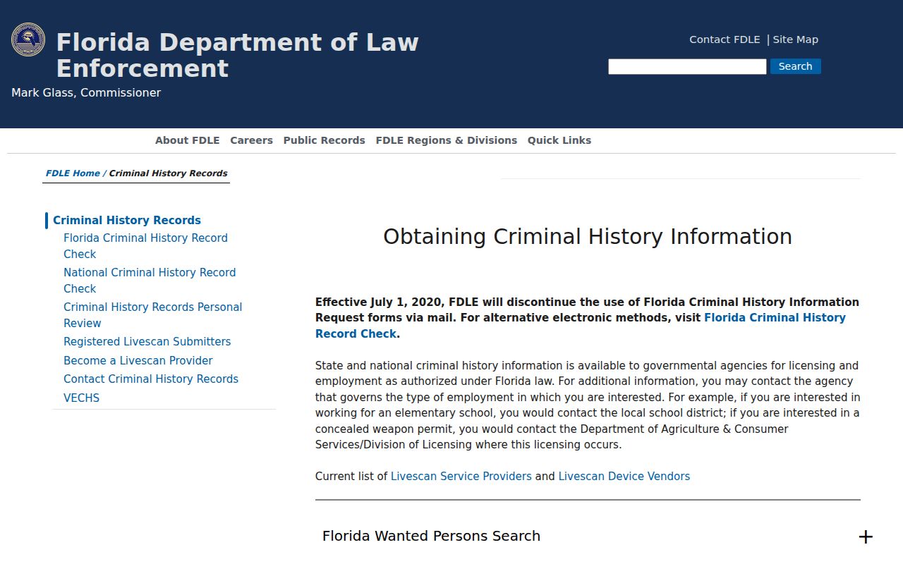 FDLE official Florida criminal history record options