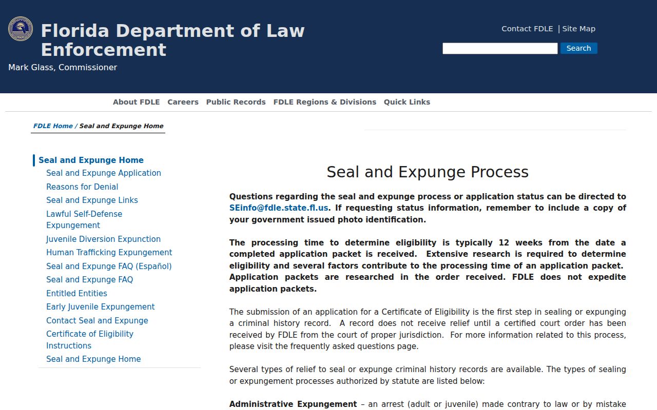 FDLE process for Bristol criminal records sealing and expunction